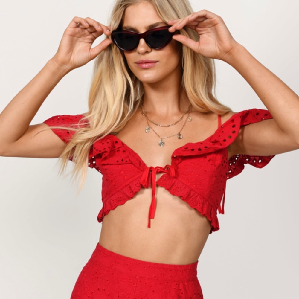 Tobi Red Eyelet & Ruffle Front Tie Crop Top